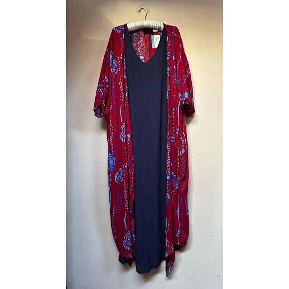 Exotica Carmel V-Neck Floral Midi Dress Navy Red Elbow Sleeve Rayon Boho New - Picture 1 of 7